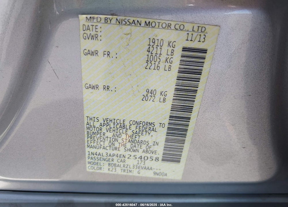 2014 NISSAN ALTIMA 2.5 S VIN: 1N4AL3AP4EN254058