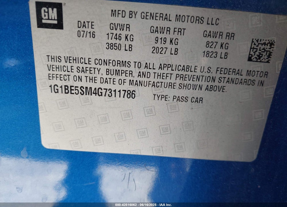 2016 CHEVROLET CRUZE LT AUTO VIN: 1G1BE5SM4G7311786