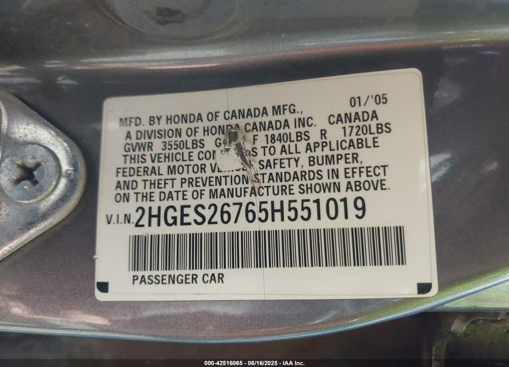 2005 HONDA CIVIC VIN: 2HGES26765H551019