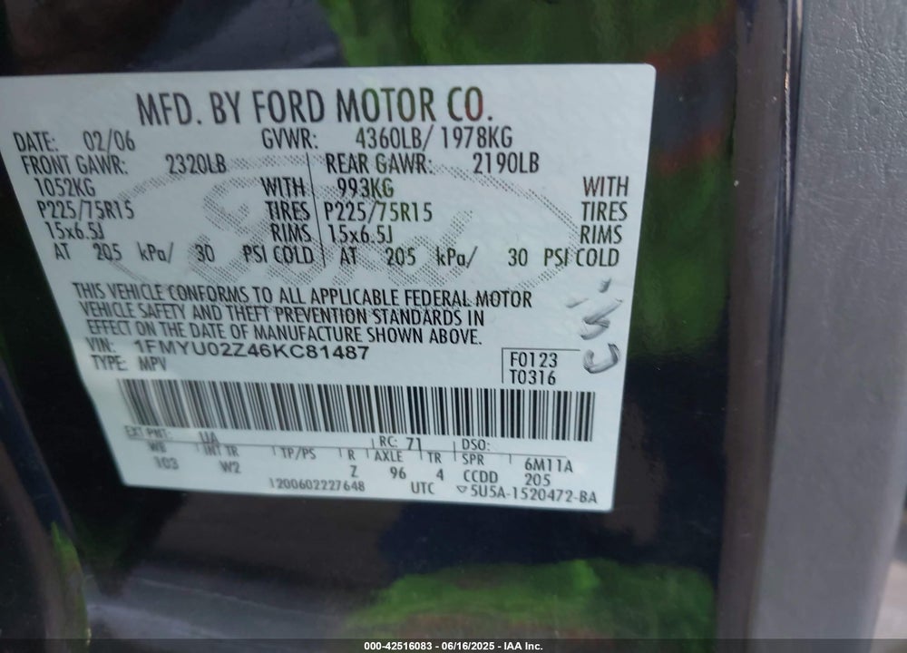 2006 FORD ESCAPE XLS/XLS MANUAL VIN: 1FMYU02Z46KC81487