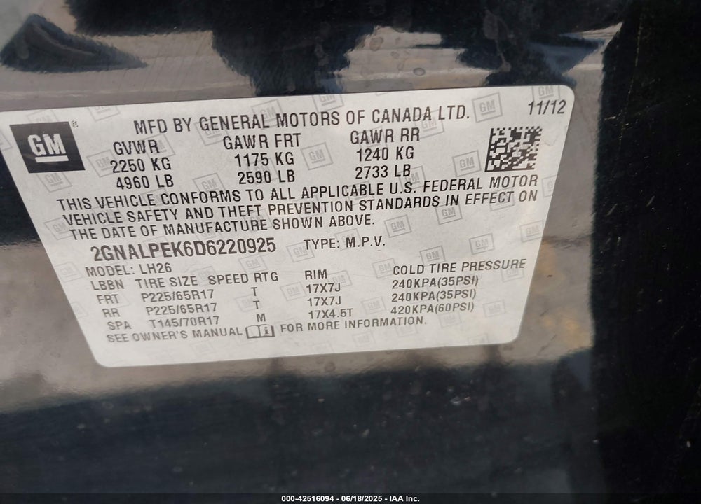 2013 CHEVROLET EQUINOX 2LT VIN: 2GNALPEK6D6220925