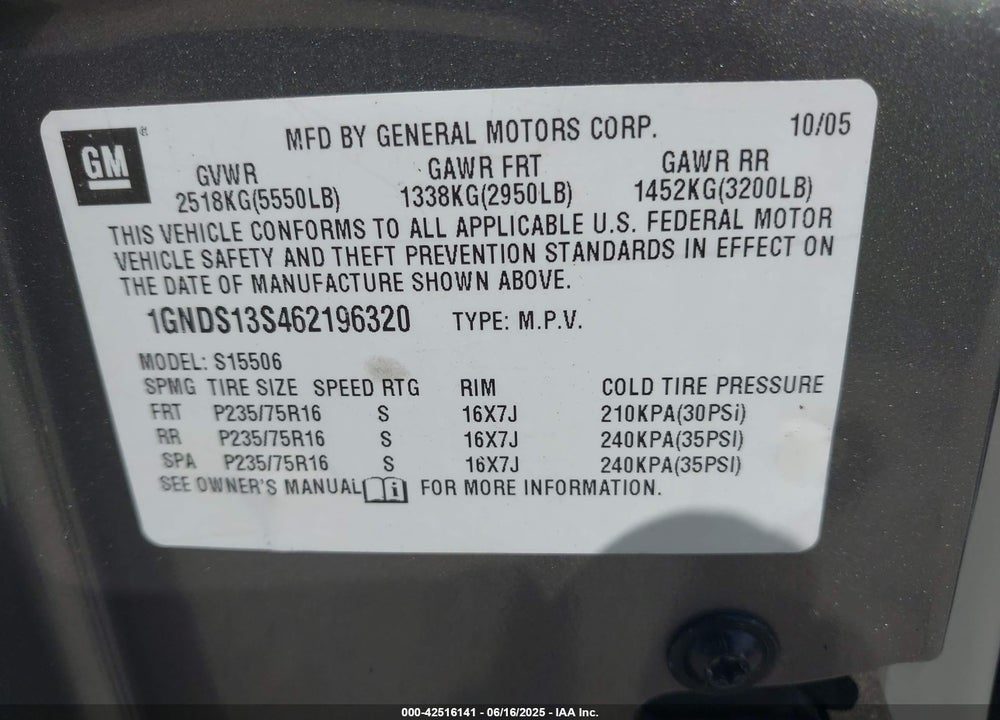 2006 CHEVROLET TRAILBLAZER VIN: 1GNDS13S462196320