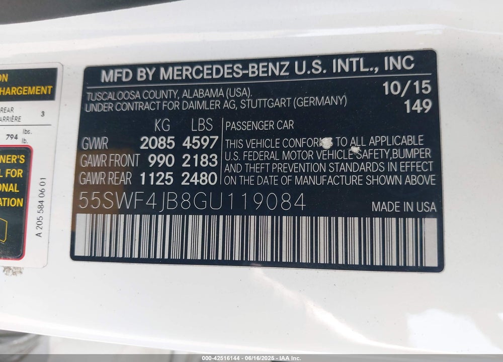 2016 MERCEDES-BENZ C VIN: 55SWF4JB8GU119084