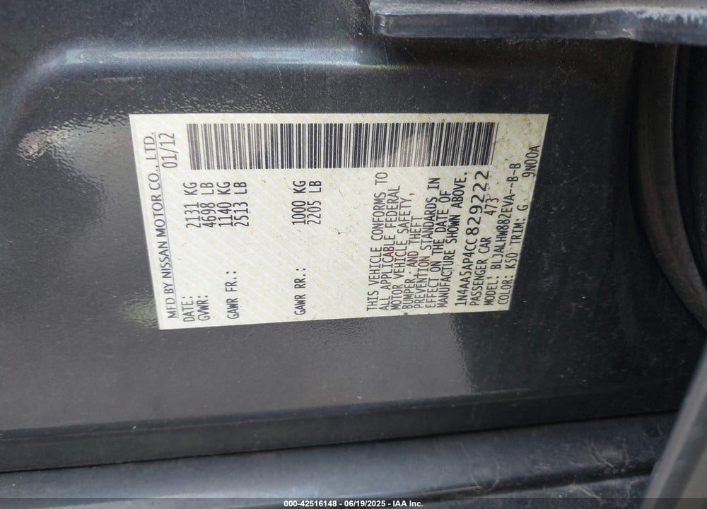 2012 NISSAN MAXIMA 3.5 SV VIN: 1N4AA5AP4CC829222