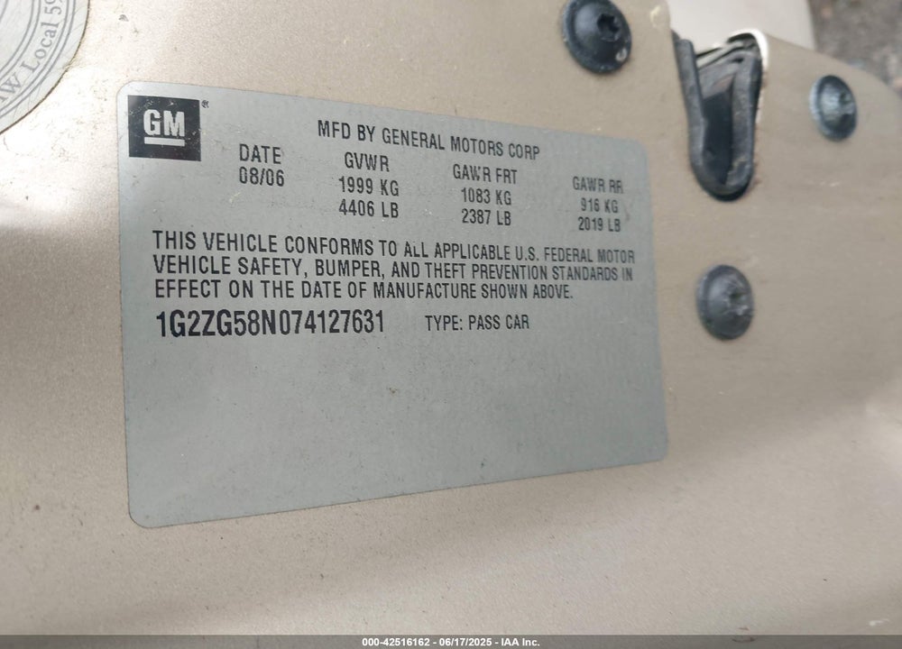 2007 PONTIAC G6 VIN: 1G2ZG58N074127631