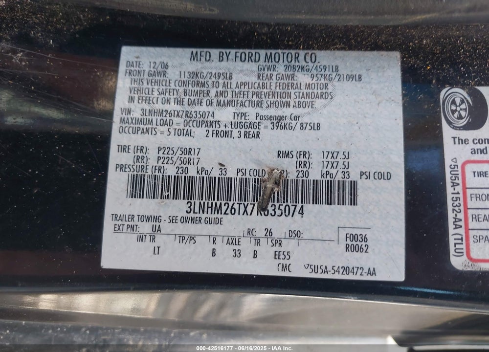 2007 LINCOLN MKZ VIN: 3LNHM26TX7R635074