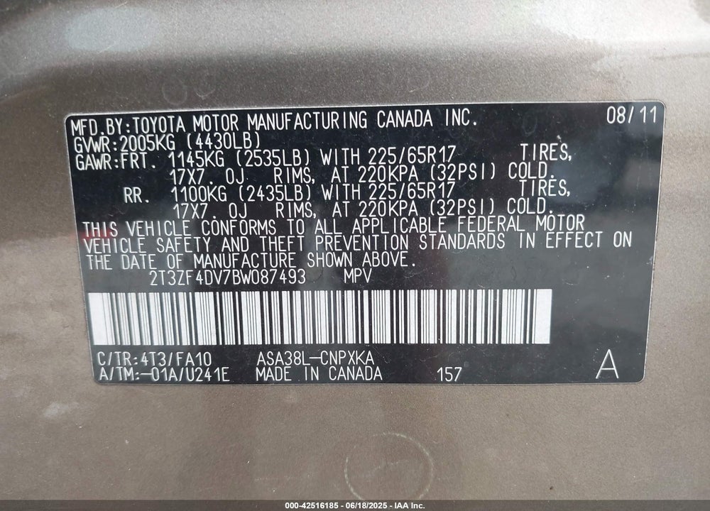 2011 TOYOTA RAV4 VIN: 2T3ZF4DV7BW087493