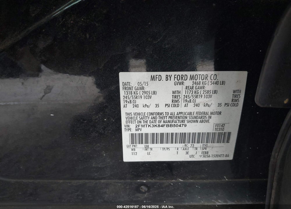 2015 FORD EDGE VIN: 2FMTK3K84FBB50479