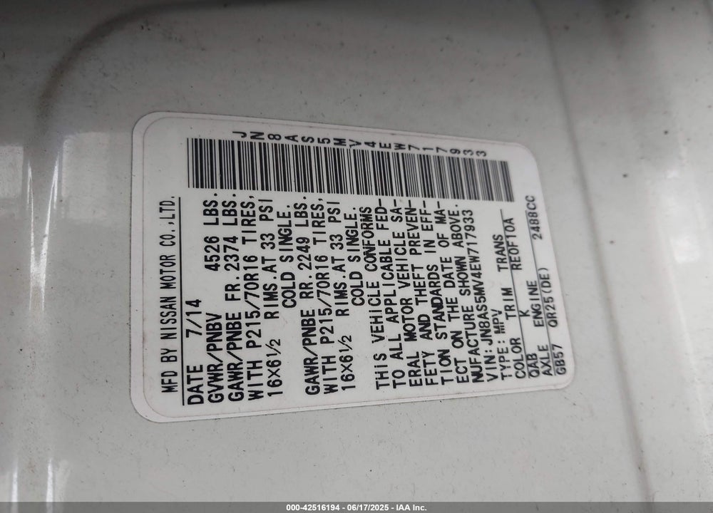 2014 NISSAN ROGUE SELECT VIN: JN8AS5MV4EW717933