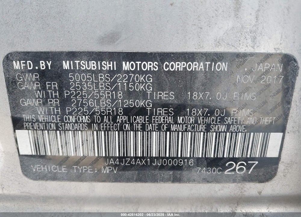2018 MITSUBISHI OUTLANDER VIN: JA4JZ4AX1JJ000916