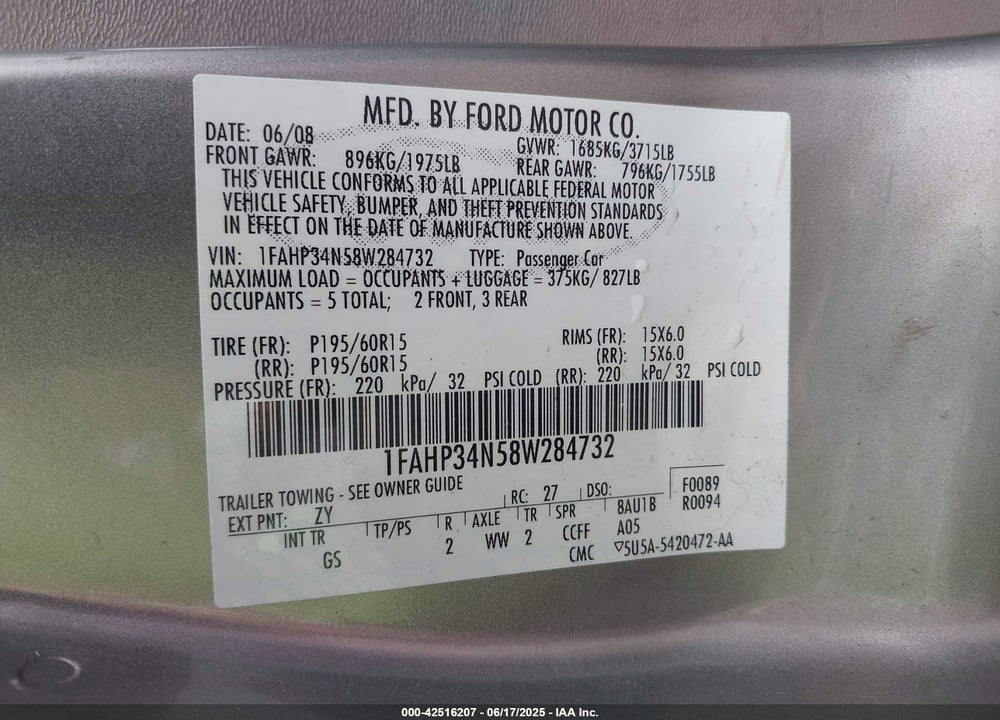 2008 FORD FOCUS S VIN: 1FAHP34N58W284732