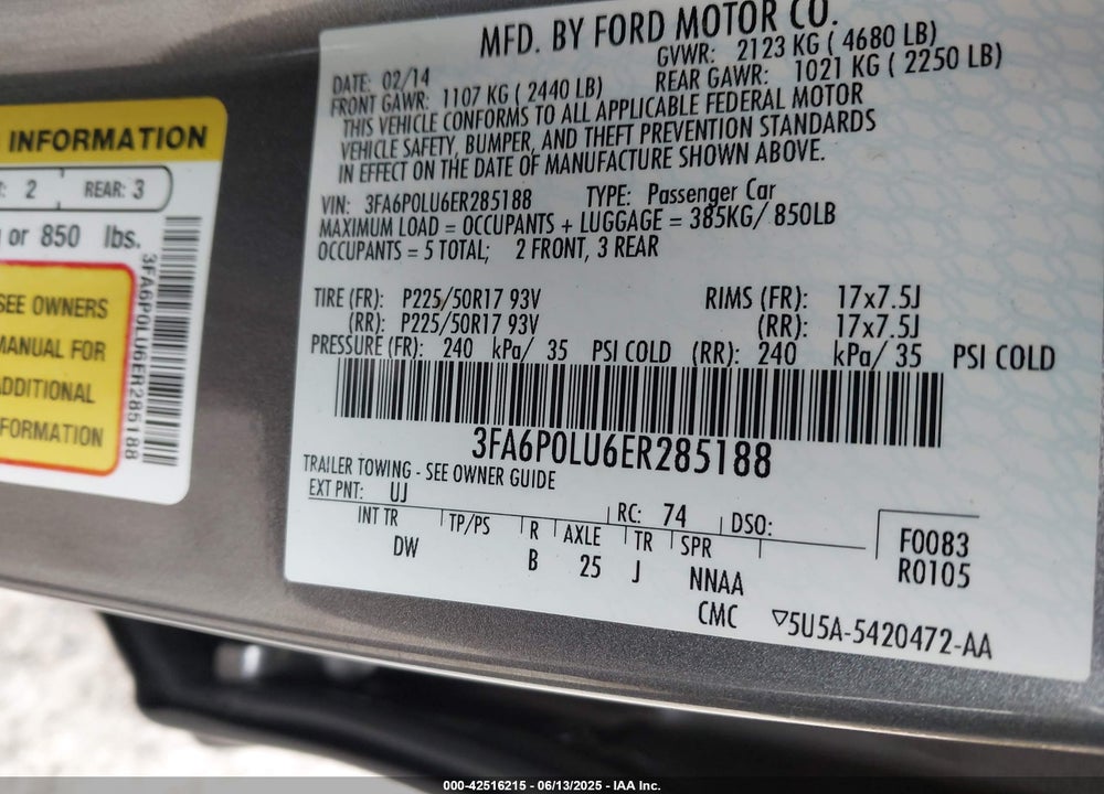 2014 FORD FUSION VIN: 3FA6P0LU6ER285188