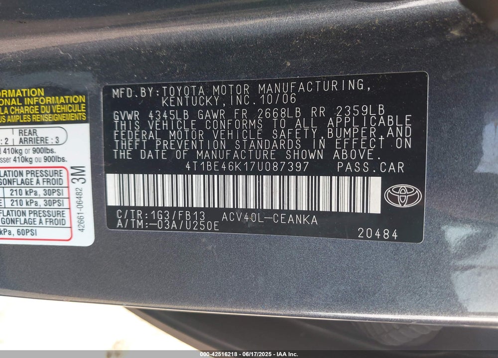 2007 TOYOTA CAMRY VIN: 4T1BE46K17U087397