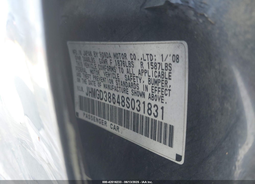 2008 HONDA FIT SPORT VIN: JHMGD38648S031831