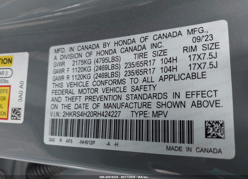 2024 HONDA CR-V VIN: 2HKRS4H20RH424227
