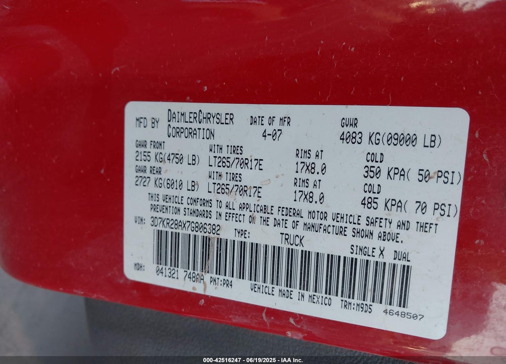 2007 DODGE RAM 2500 SLT/SPORT VIN: 3D7KR28AX7G806382