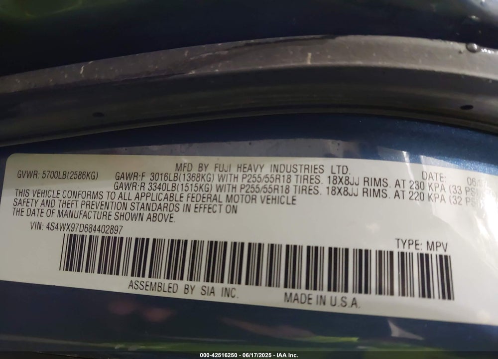 2008 SUBARU TRIBECA LIMITED 7-PASSENGER VIN: 4S4WX97D684402897