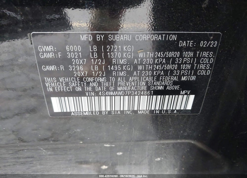 2023 SUBARU ASCENT TOURING 7-PASSENGER VIN: 4S4WMAWD7P3424861
