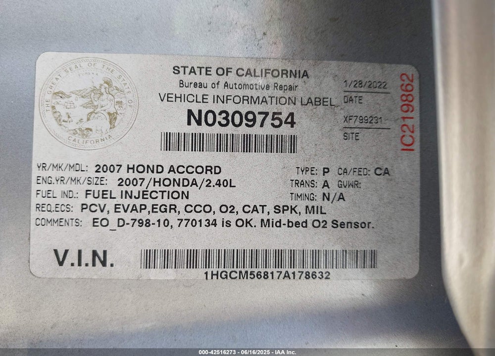 2007 HONDA ACCORD 2.4 EX VIN: 1HGCM56817A178632