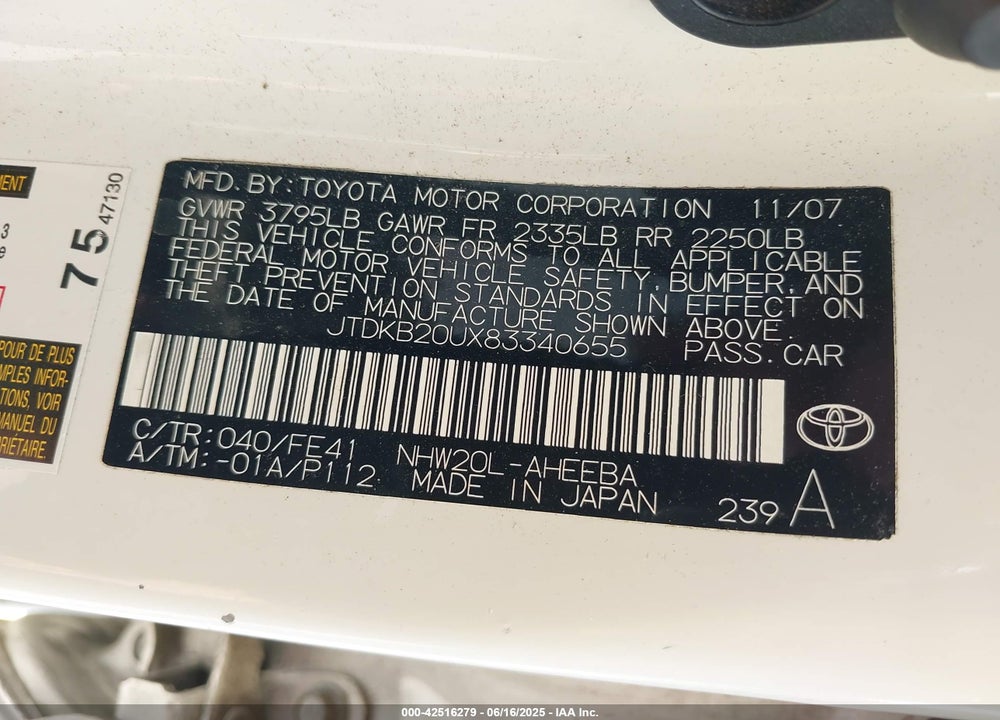 2008 TOYOTA PRIUS VIN: JTDKB20UX83340655