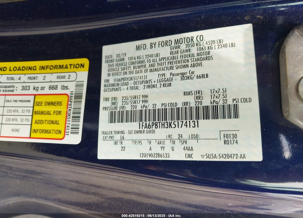 2019 FORD MUSTANG VIN: 1FA6P8TH3K5174131