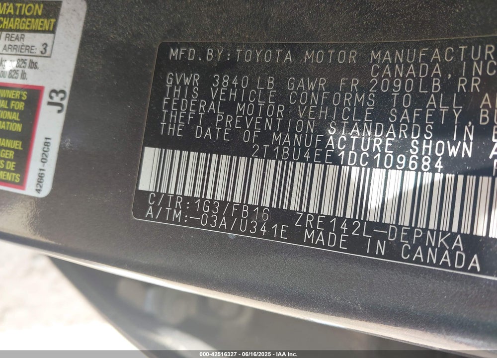 2013 TOYOTA COROLLA VIN: 2T1BU4EE1DC109684