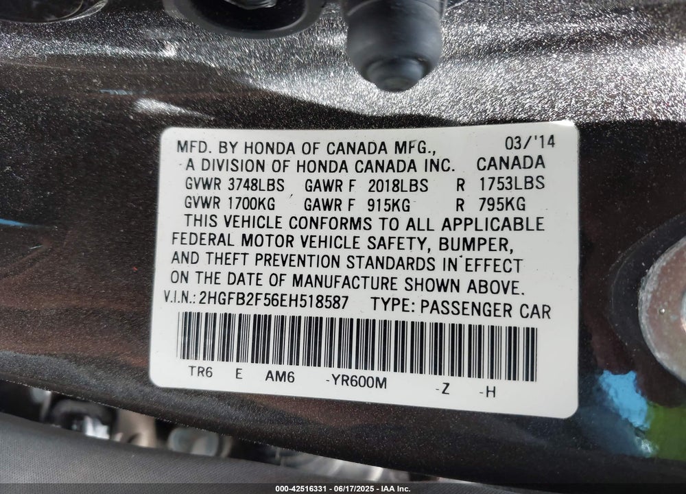 2014 HONDA CIVIC VIN: 2HGFB2F56EH518587