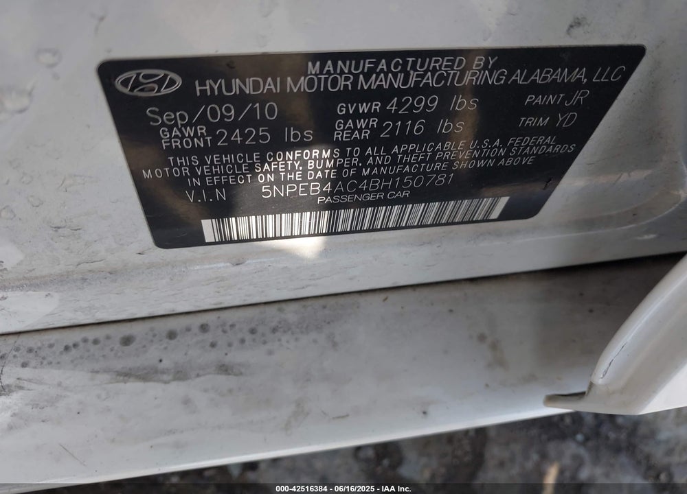 2011 HYUNDAI SONATA GLS VIN: 5NPEB4AC4BH150781