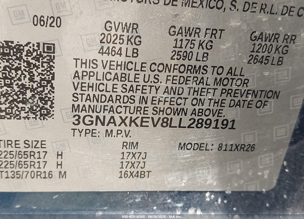 2020 CHEVROLET EQUINOX VIN: 3GNAXKEV8LL289191