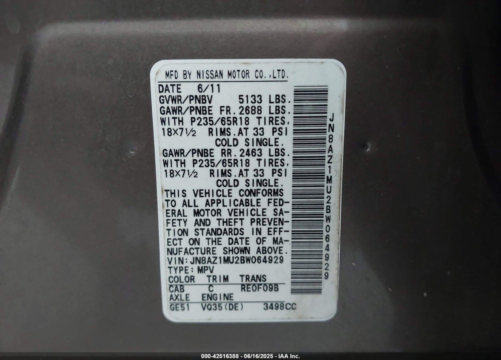 2011 NISSAN MURANO VIN: JN8AZ1MU2BW064929