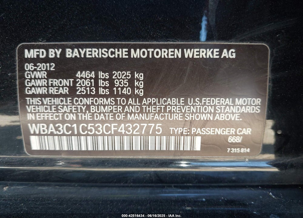 2012 BMW 3 SERIES VIN: WBA3C1C53CF432775