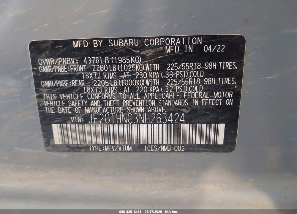 2022 SUBARU CROSSTREK LIMITED VIN: JF2GTHNC3NH263424