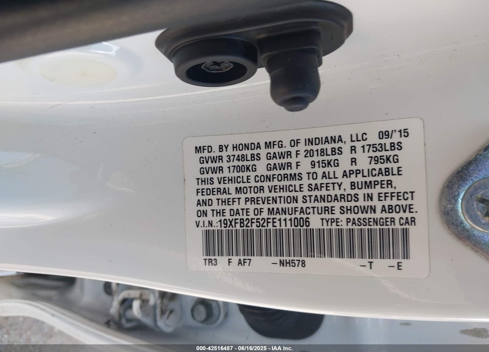 2015 HONDA CIVIC VIN: 19XFB2F52FE111006