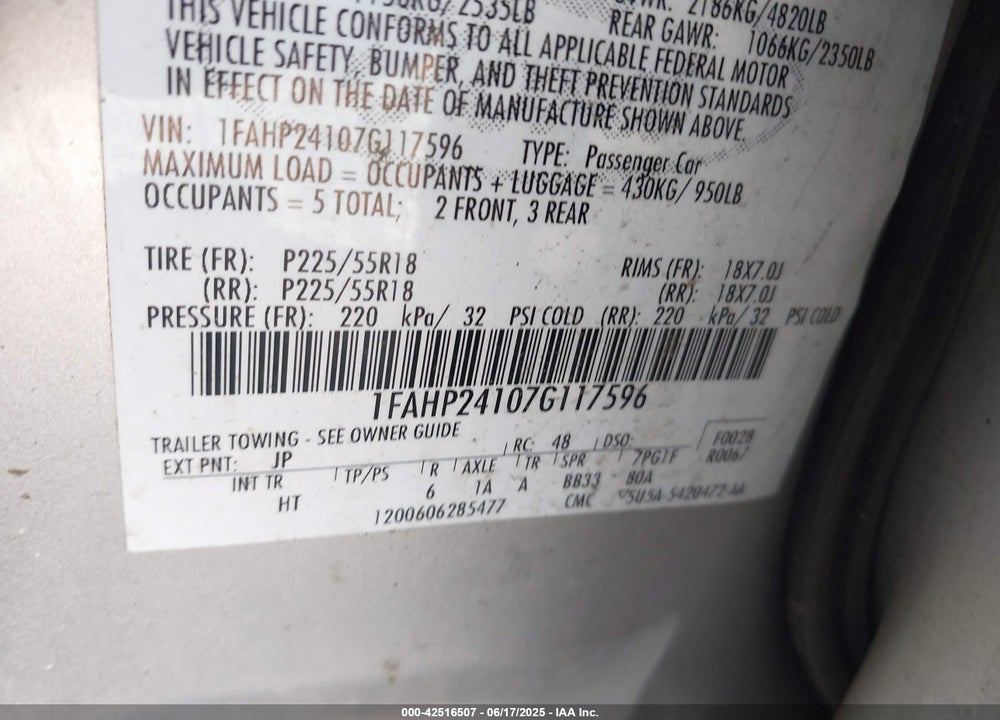 2007 FORD FIVE HUNDRED VIN: 1FAHP24107G117596