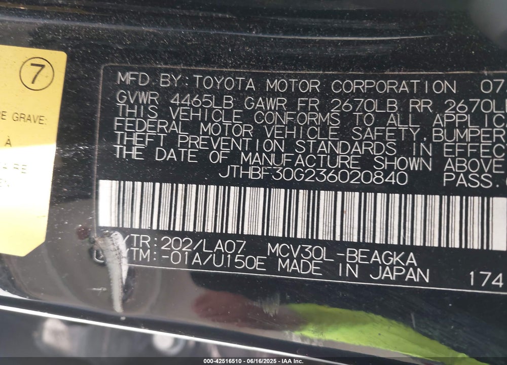 2003 LEXUS ES 300 VIN: JTHBF30G236020840
