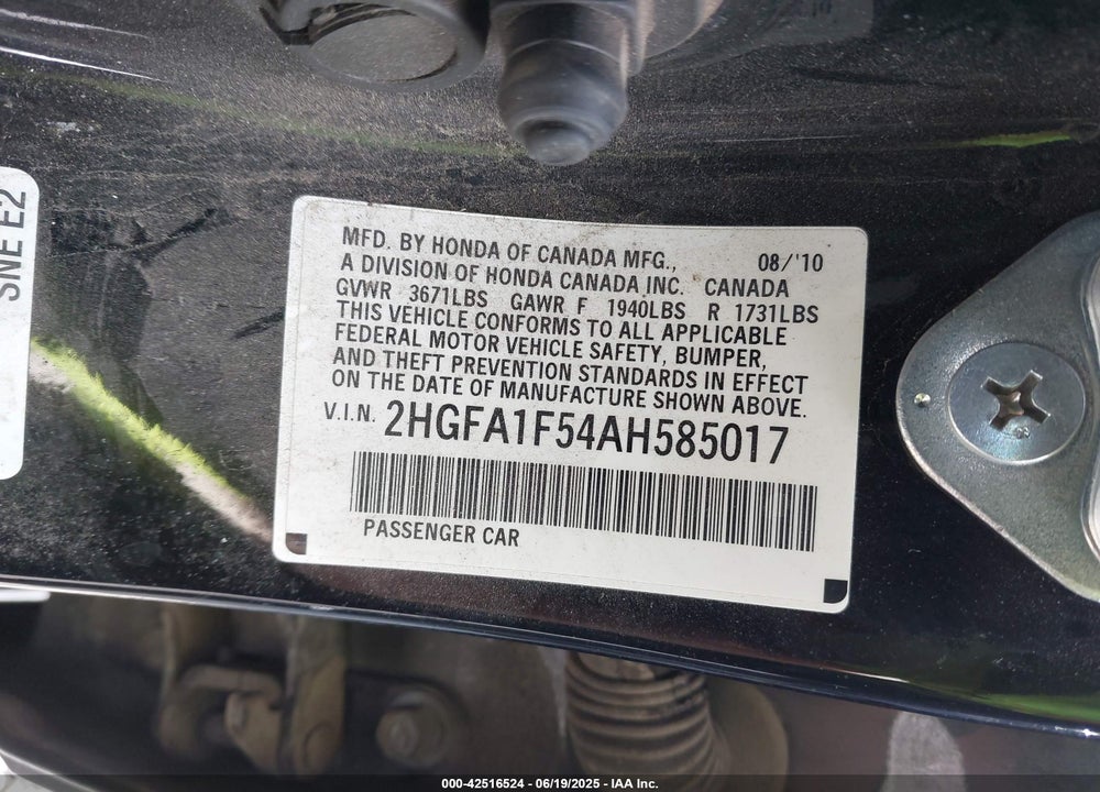 2010 HONDA CIVIC VIN: 2HGFA1F54AH585017