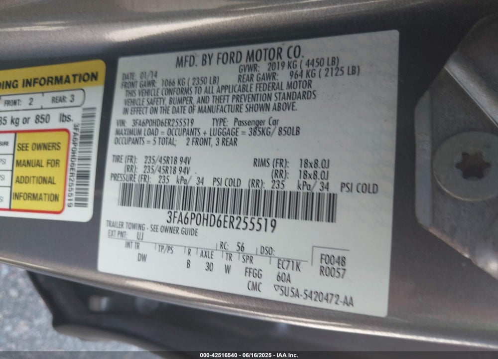 2014 FORD FUSION VIN: 3FA6P0HD6ER255519