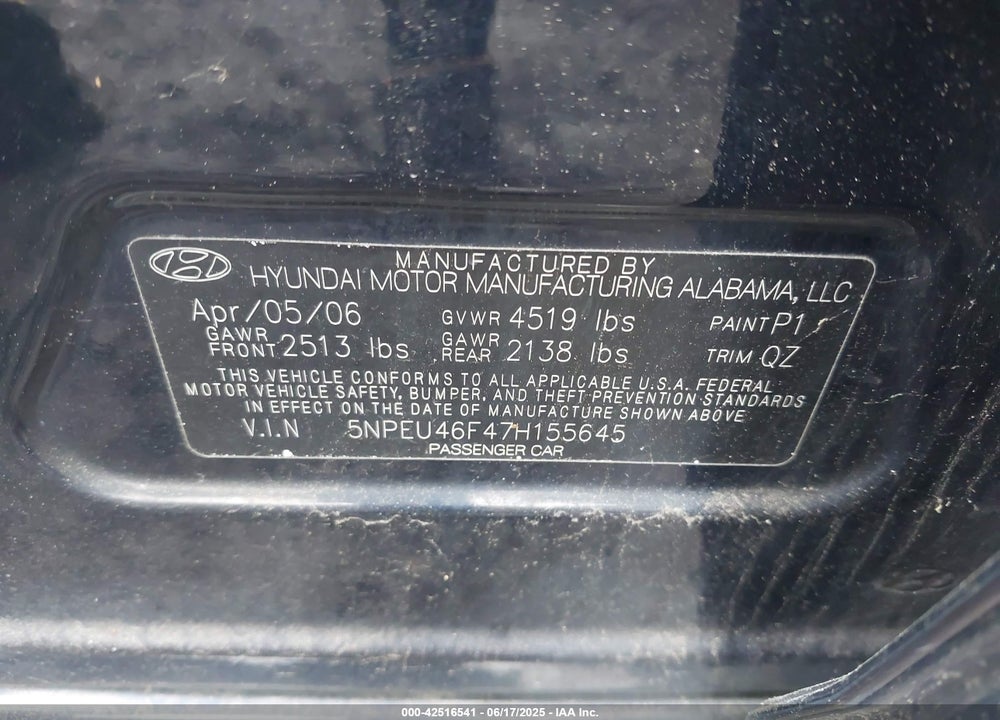 2007 HYUNDAI SONATA VIN: 5NPEU46F47H155645