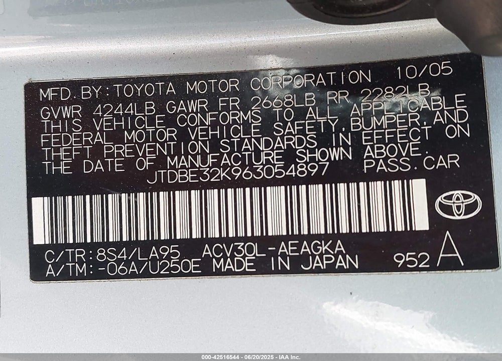 2006 TOYOTA CAMRY VIN: JTDBE32K963054897