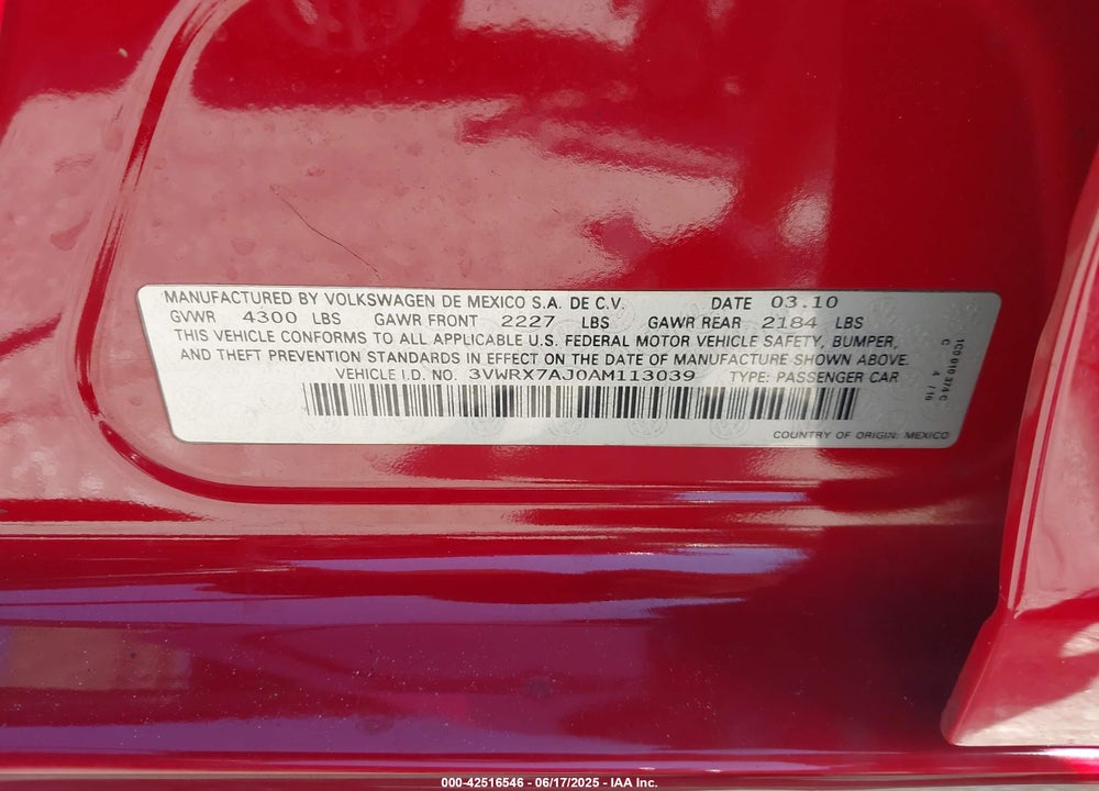2010 VOLKSWAGEN JETTA VIN: 3VWRX7AJ0AM113039