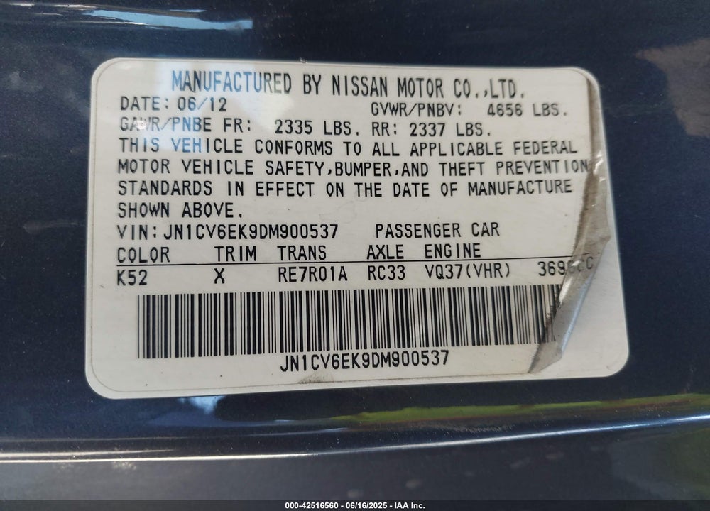 2013 INFINITI G37 VIN: JN1CV6EK9DM900537