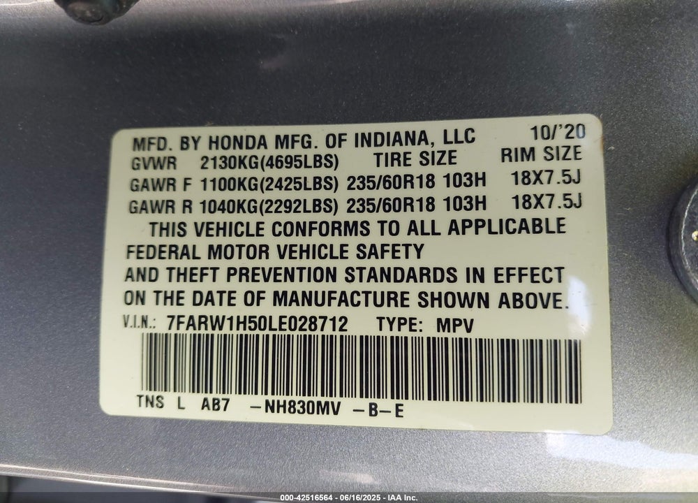 2020 HONDA CR-V VIN: 7FARW1H50LE028712
