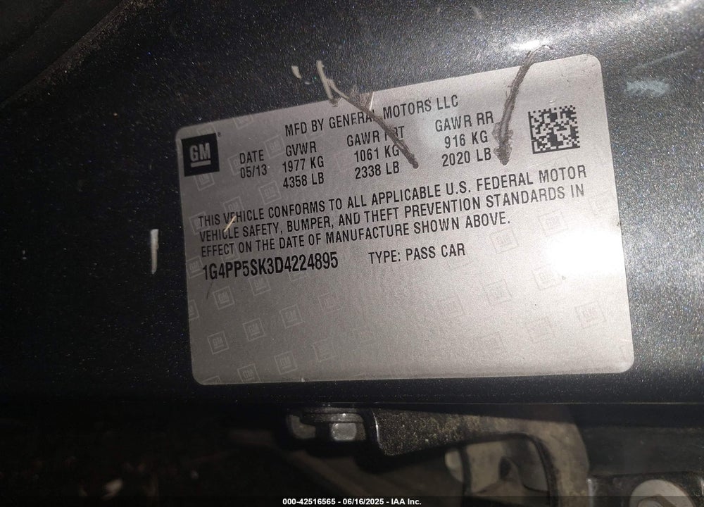 2013 BUICK VERANO VIN: 1G4PP5SK3D4224895