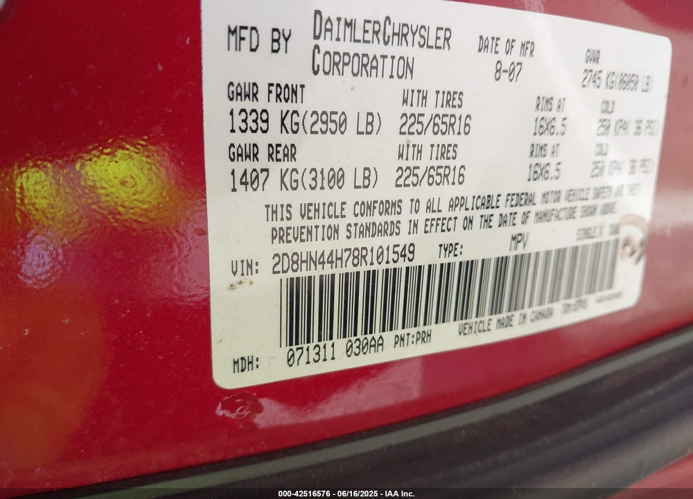 2008 DODGE GRAND CARAVAN SE VIN: 2D8HN44H78R101549