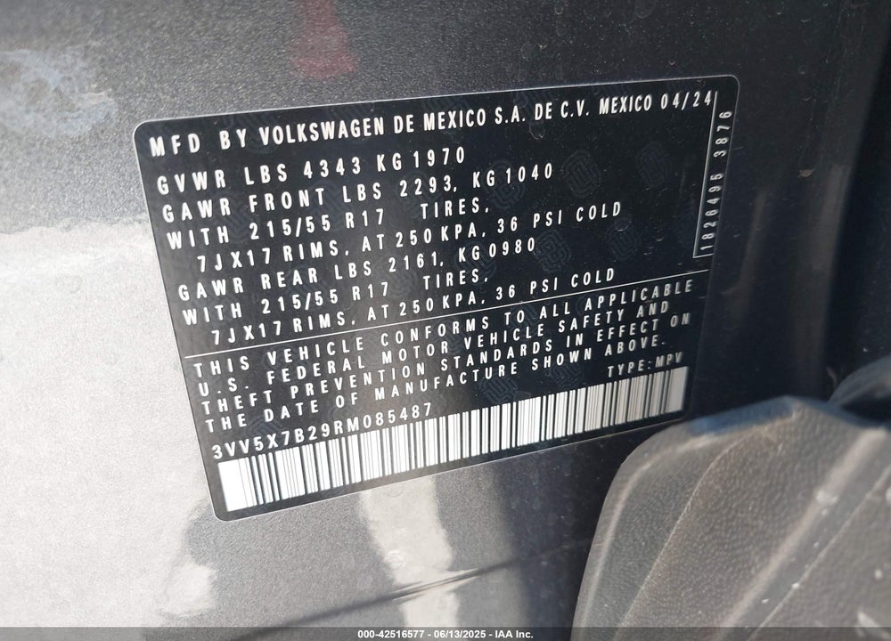 2024 VOLKSWAGEN TAOS VIN: 3VV5X7B29RM085487