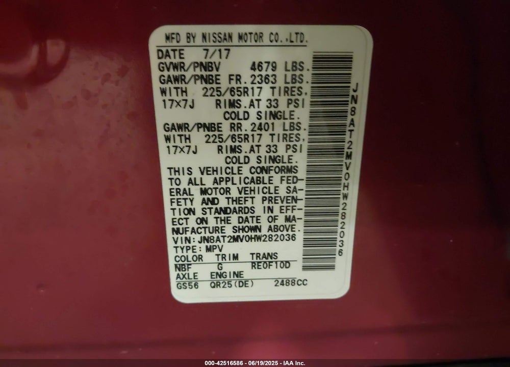 2017 NISSAN ROGUE VIN: JN8AT2MV0HW282036