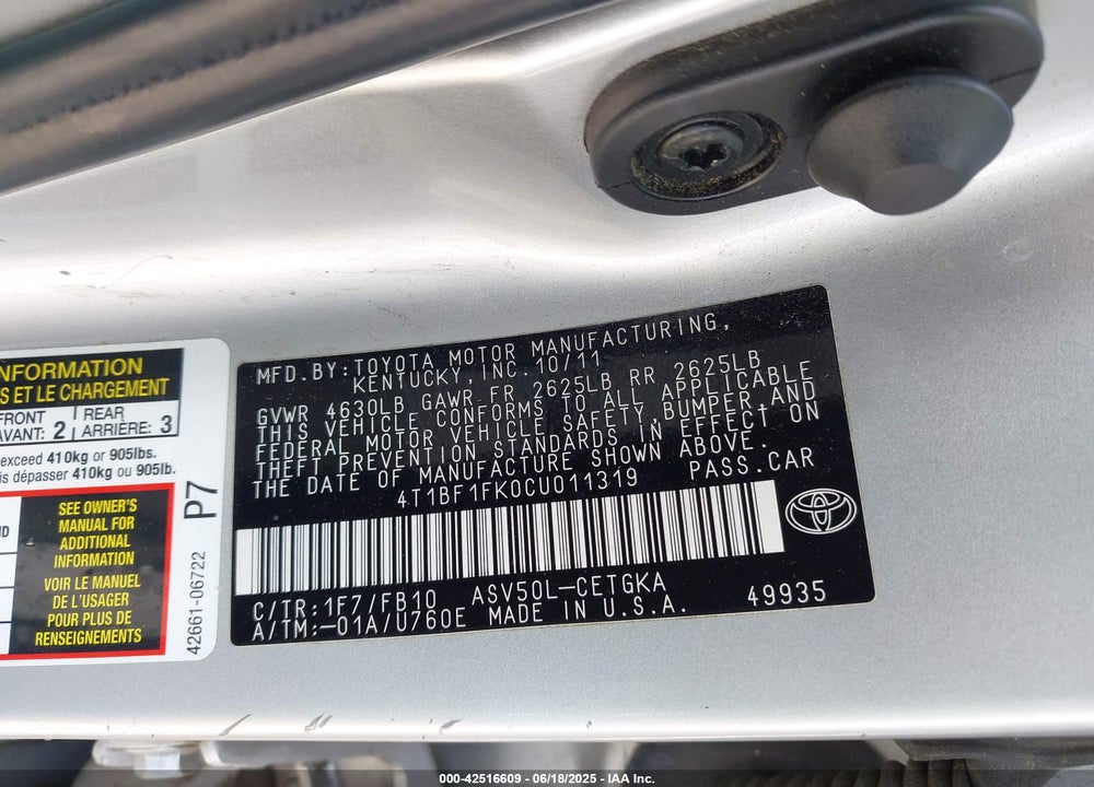 2012 TOYOTA CAMRY VIN: 4T1BF1FK0CU011319