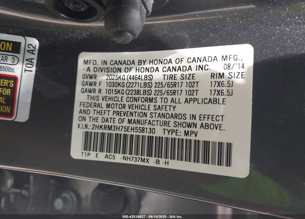 2014 HONDA CR-V VIN: 2HKRM3H75EH558130
