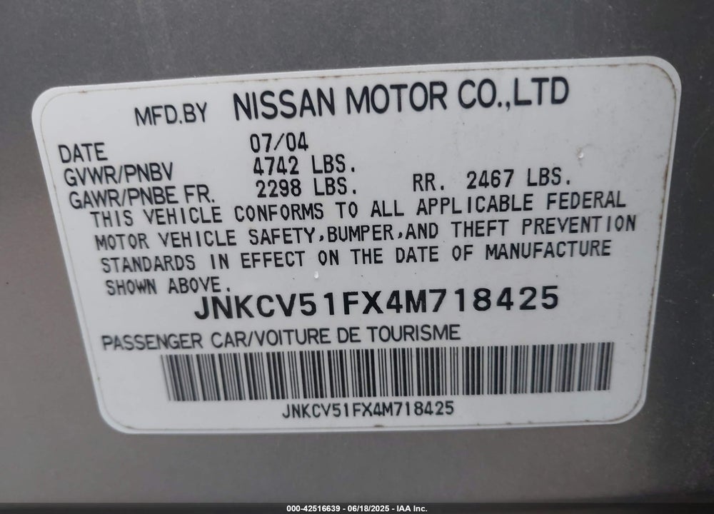 2004 INFINITI G35X VIN: JNKCV51FX4M718425