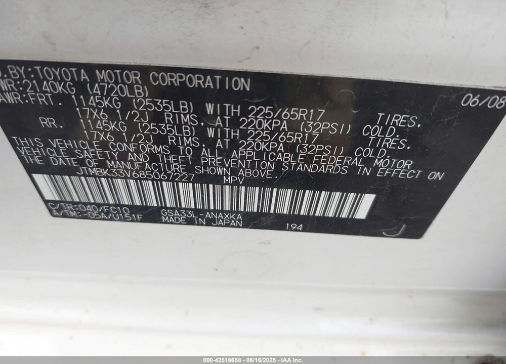 2008 TOYOTA RAV4 BASE V6 VIN: JTMBK33V685067227